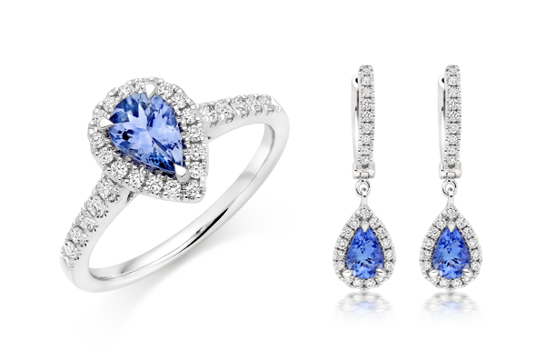 18ct White Gold Diamond Tanzanite Halo Earrings & Ring