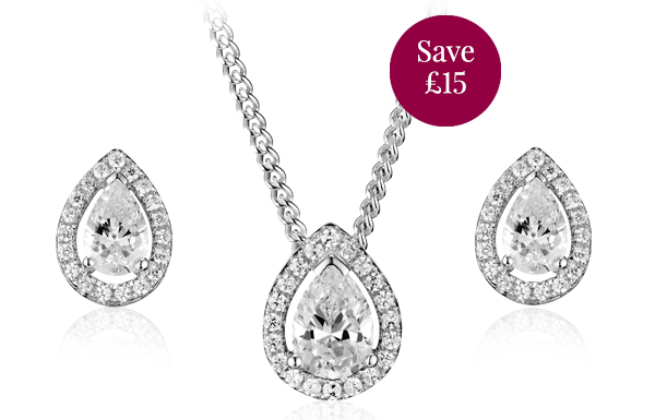 Silver Cubic Zirconia Pear Halo Pendant and Stud Earring Set