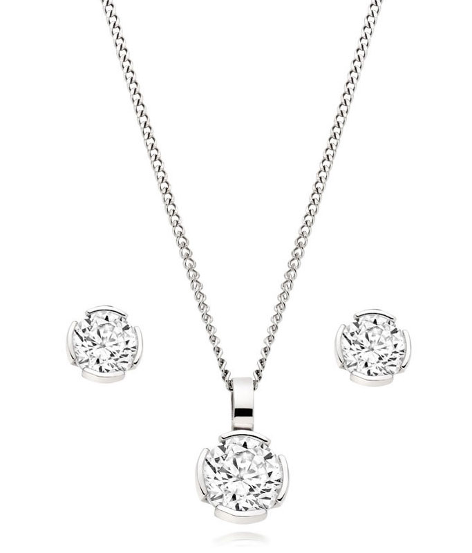 9ct White Gold Cubic Zirconia Pendant and Earrings Set