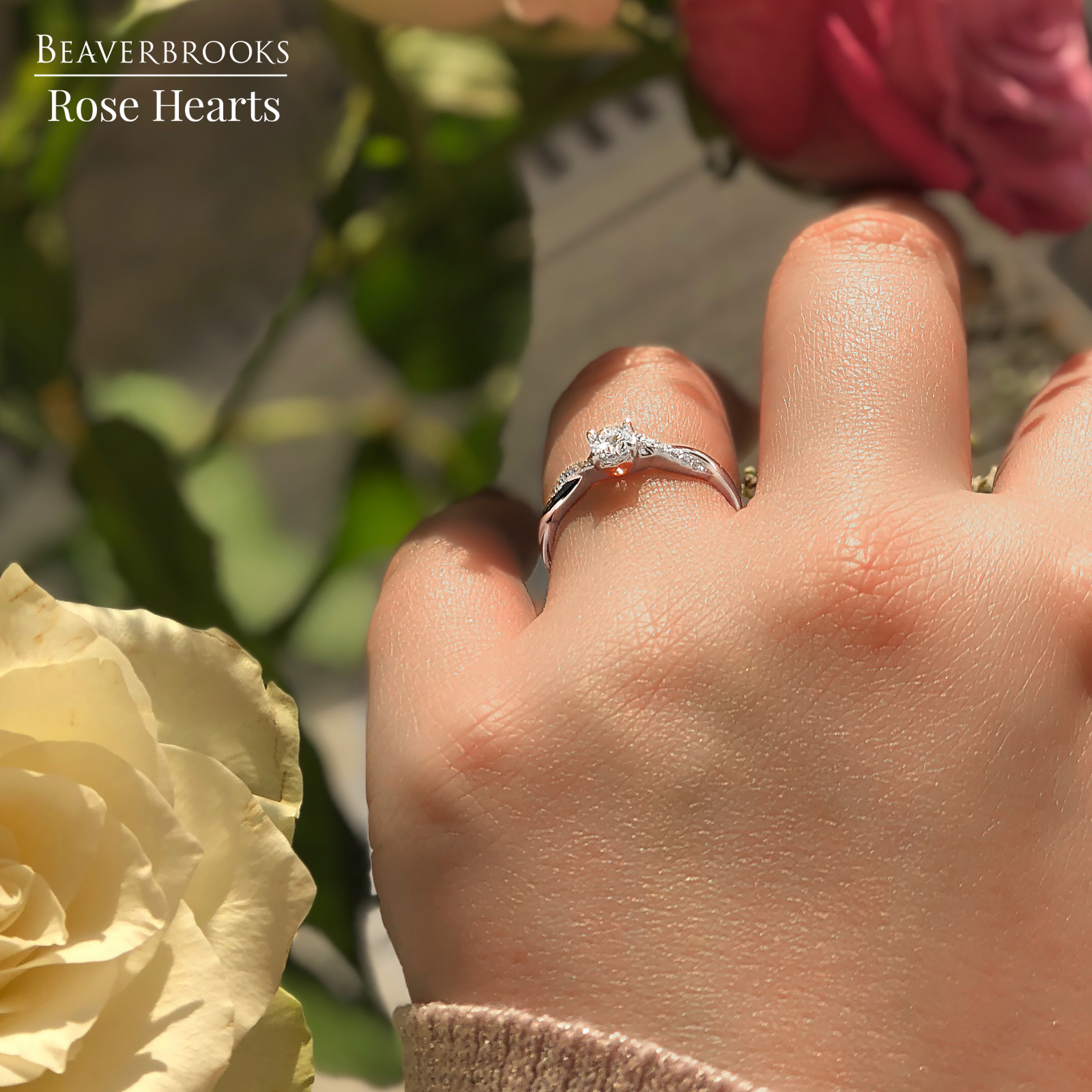 18ct White Gold and Rose Gold Diamond Rose Hearts Ring