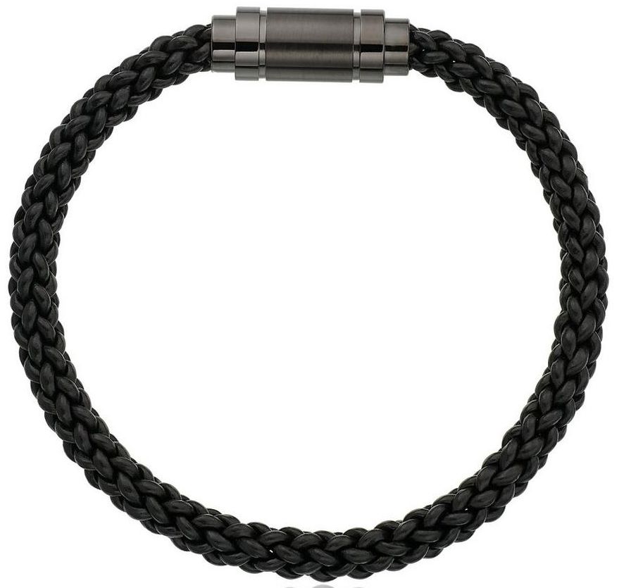 Stainless Steel Black Leather Plait Men's Bracelet