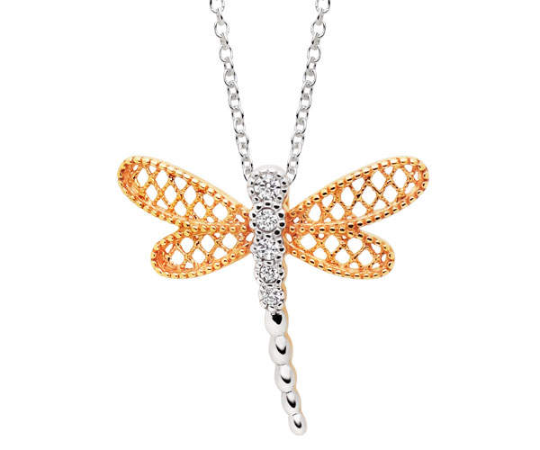 Silver Rose Gold Plated Cubic Zirconia Dragonfly Pendant