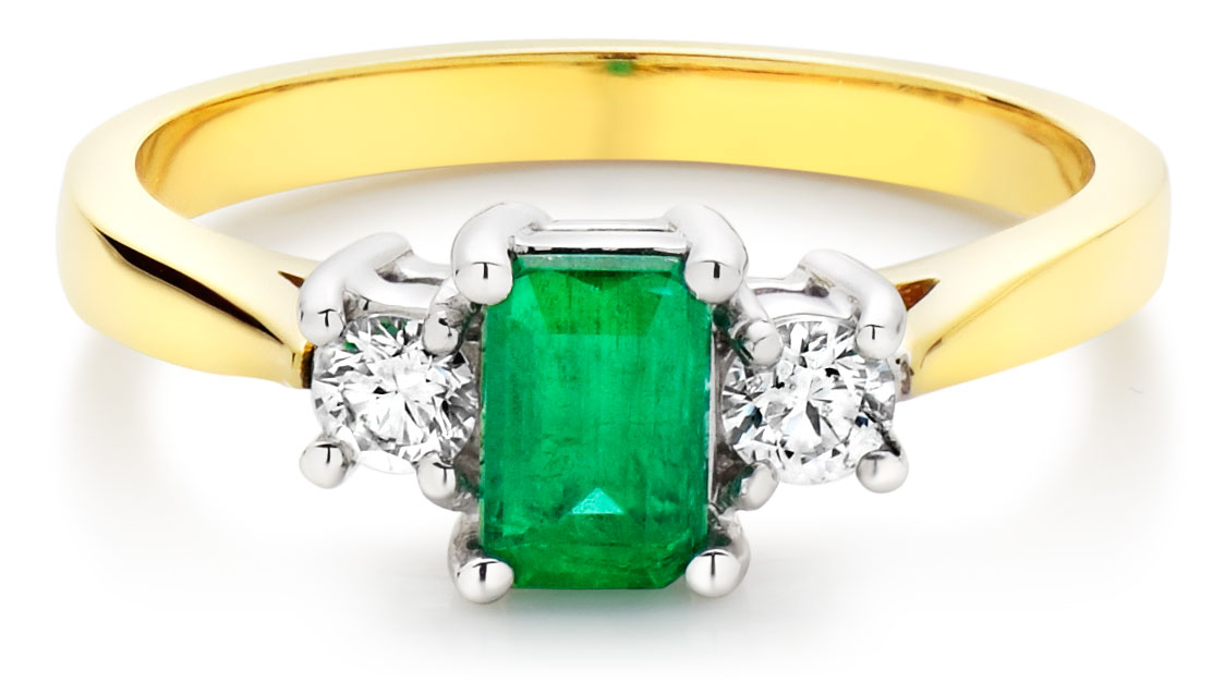 18ct Gold Diamond and Emerald Three Stone Ring