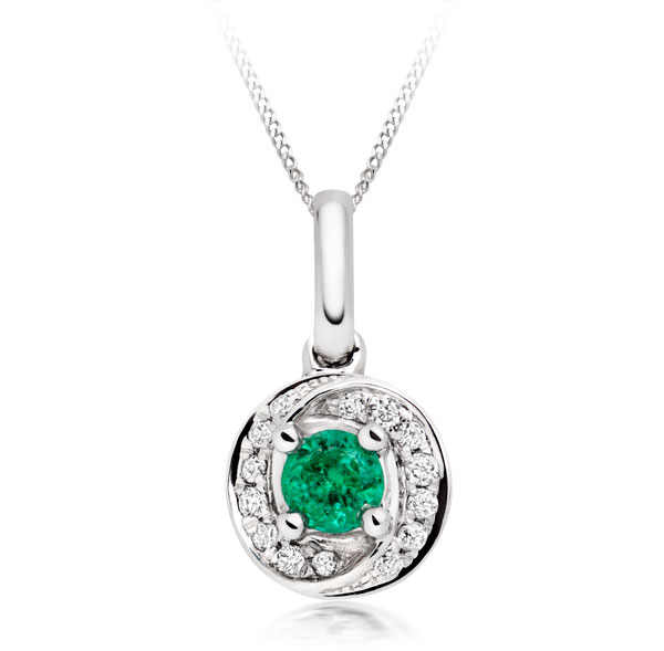9ct White Gold Diamond Emerald Pendant