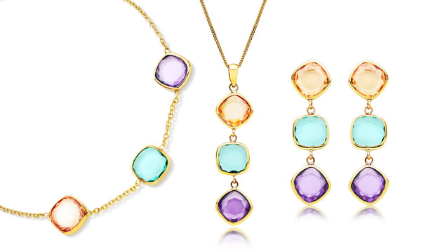 9ct Gold Three-Colour Cubic Zirconia Bracelet, Pendant and Earrings